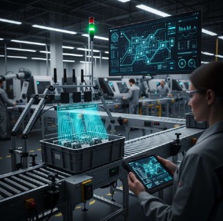 RFID reader tracking containers on a conveyor belt